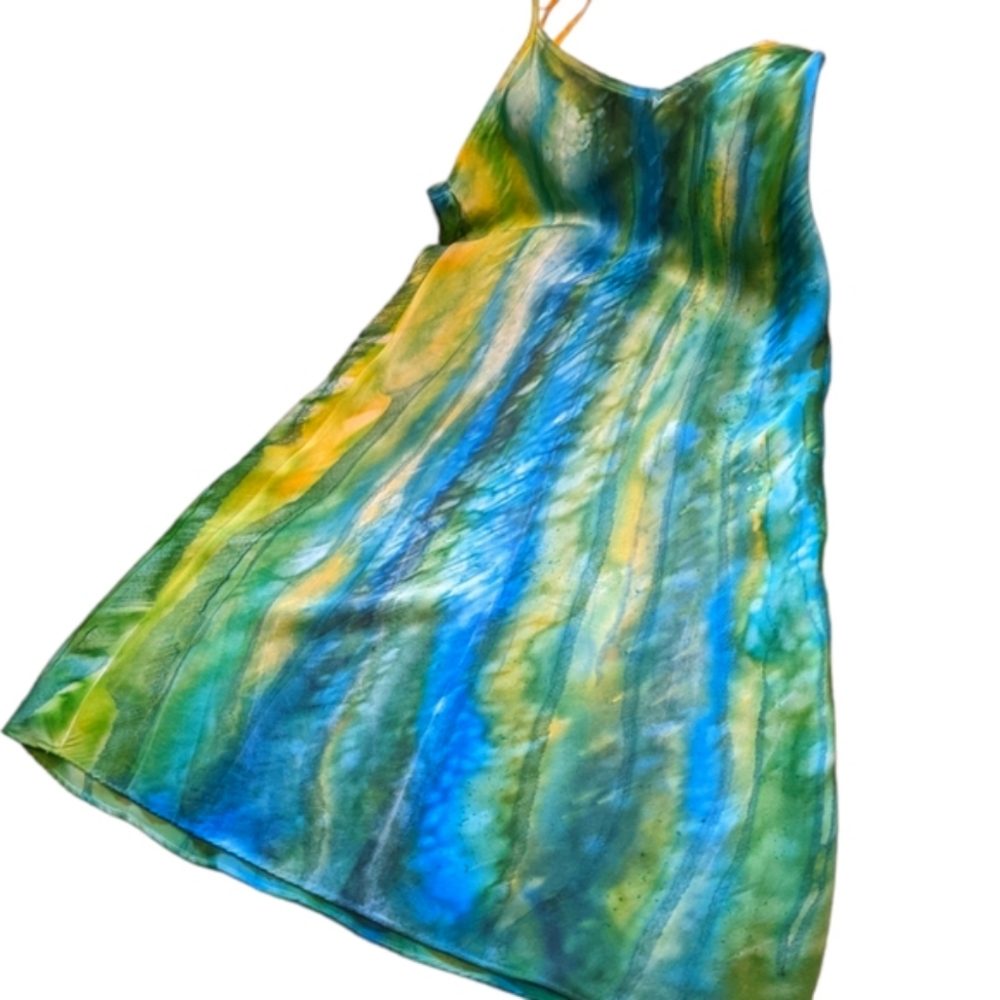 Handpainted Charmeuse satin Dress. Original. One of a kind Art Boho - Picture 2 of 15